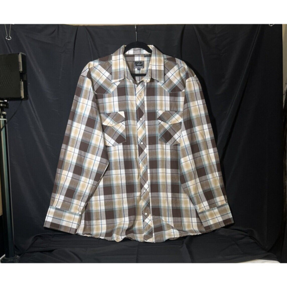 Roper Pearl Snap Shirt Men's 2XL Brown Cream Plaid with a Metallic Stripe